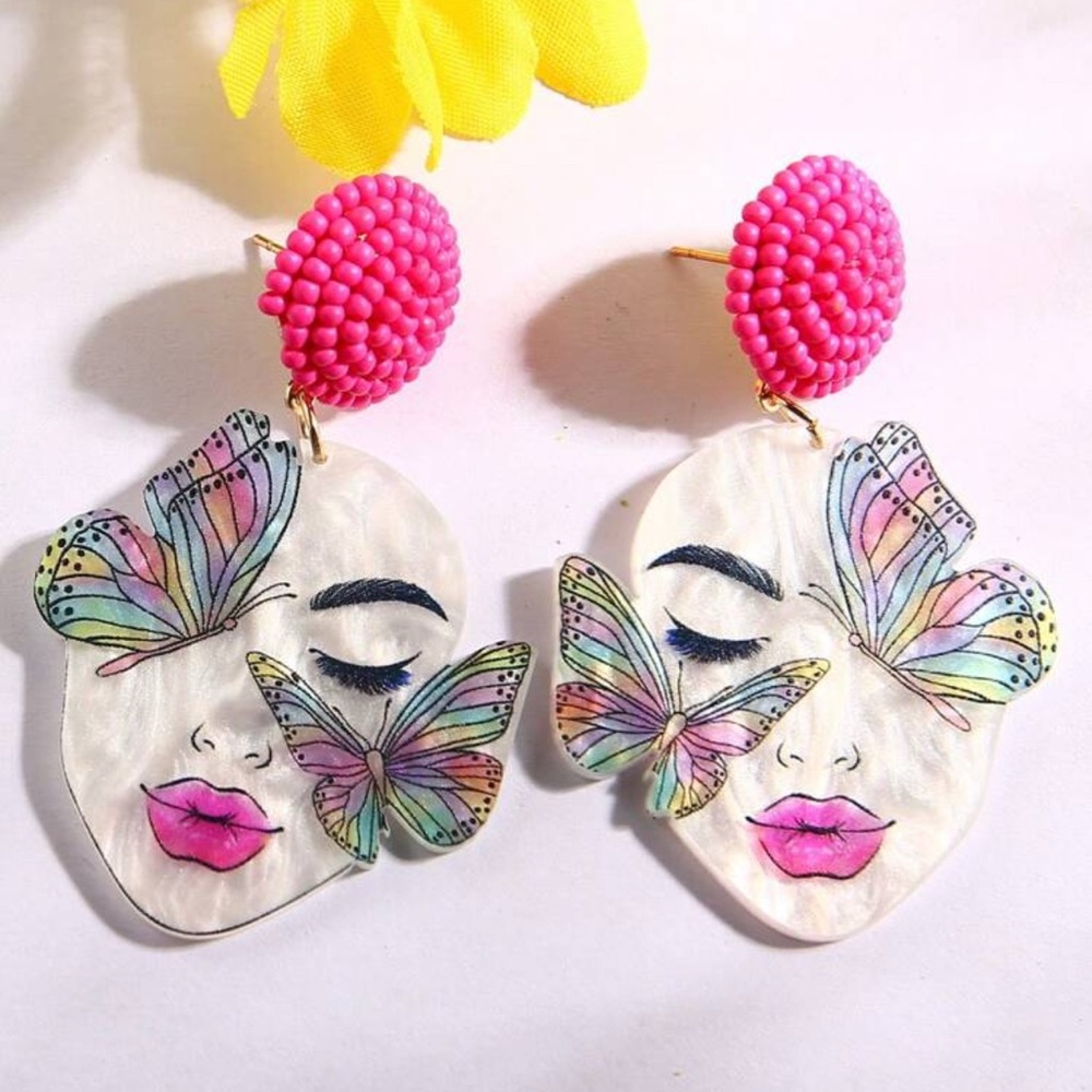 Pink and Multicolor Butterfly Face Earrings